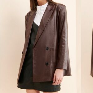 Women's Brown Double-Breasted Faux Leather Blazer